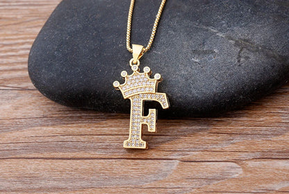 Nidin Luxury A-Z Crown Alphabet Pendant – Copper Zircon Initial Necklace Chain, Hip-Hop Style Jewelry for Men & Women