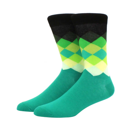 Men’s Funny Argyle Diamond Pattern Cotton Socks – Large Size 3D Geometric Crew Tube Socks, Combed Cotton Casual Novelty Socks