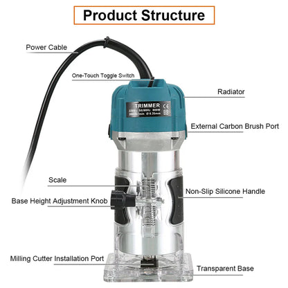 800W 30000RPM Electric Wood Router – 1/4 Inch Woodworking Trimmer & Carving Milling Tool