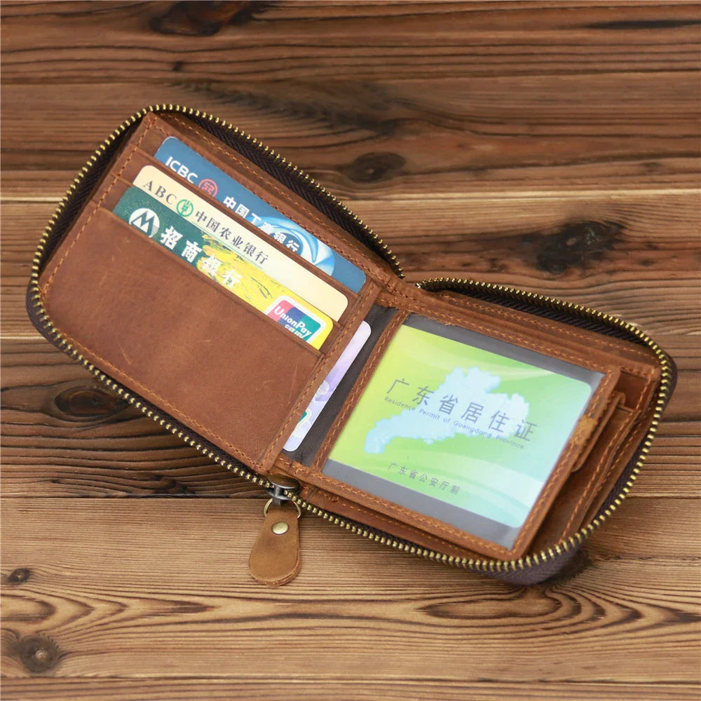Men’s Genuine Leather Zipper Wallet – Compact Short Purse with Credit Card Slots, Cash & Coin Pocket