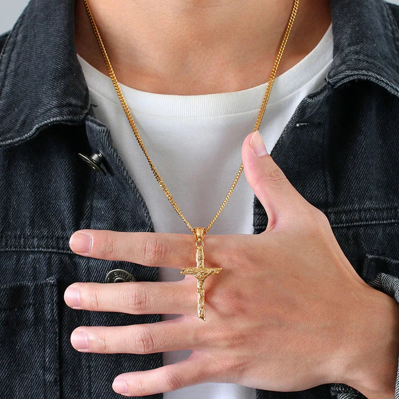 Vnox Cross Necklace for Men & Women – Gold Stainless Steel Jesus Pendant, Catholic Faith Jewelry for Church Prayer
