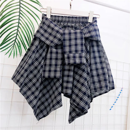 TOTRUST Women’s Fashion Asymmetrical Summer Plaid Mini Skirt – Casual College Style Fake Shirt Design