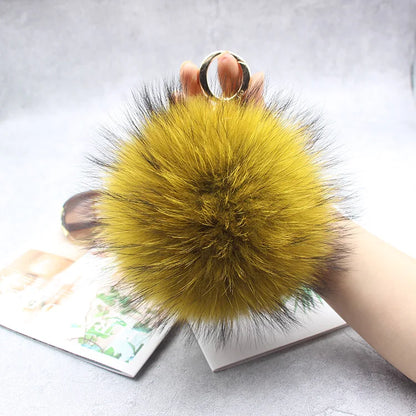 Luxury 15cm Fluffy Real Raccoon Fur Pom Pom Keychain – High-Quality Metal Ring Pendant for Women