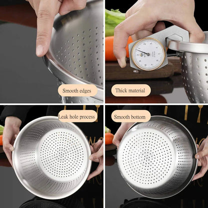 Stainless Steel Drain Basket Colander – Round Rice Cleaning Sieve & Fruit Vegetable Washing Strainer for Kitchen Use