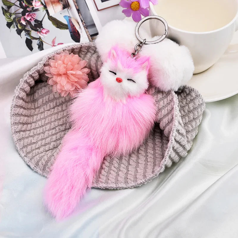 Fluffy Cartoon Fox Keychain – Cute Personalized Key Rings for Kids, Women, Car & Bag Accessories