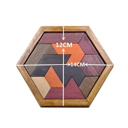 Hexagonal Wooden Puzzles – IQ Brain Teaser Game, Educational Tangram Toy for Kids & Adults, Montessori Gift for Cognitive Development