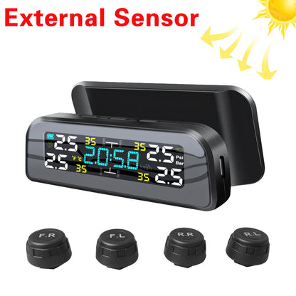 Solar Car TPMS Tire Pressure Monitoring System – 4 External Sensors with Temperature Alarm for Tyre Safety