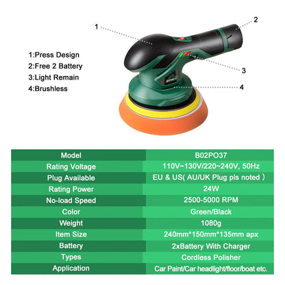 BATOCA Cordless 12V Dual Action Car Polisher – Wireless Brushless Auto Buffer with 2×2.0Ah Lithium Batteries for Car Detailing