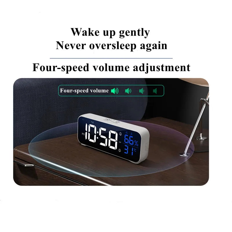 Music Alarm Clock with Temperature Humidity Display: Voice Control/Always On Table & Wall Clock - Dual Alarm, Rechargeable Digital LED Clocks