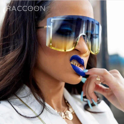 Oversized Women Blue Yellow Gradient Huge Sunglasses: Curved Fashion Rimless Metal Shades for Personality Massive Female Eyewear Prop