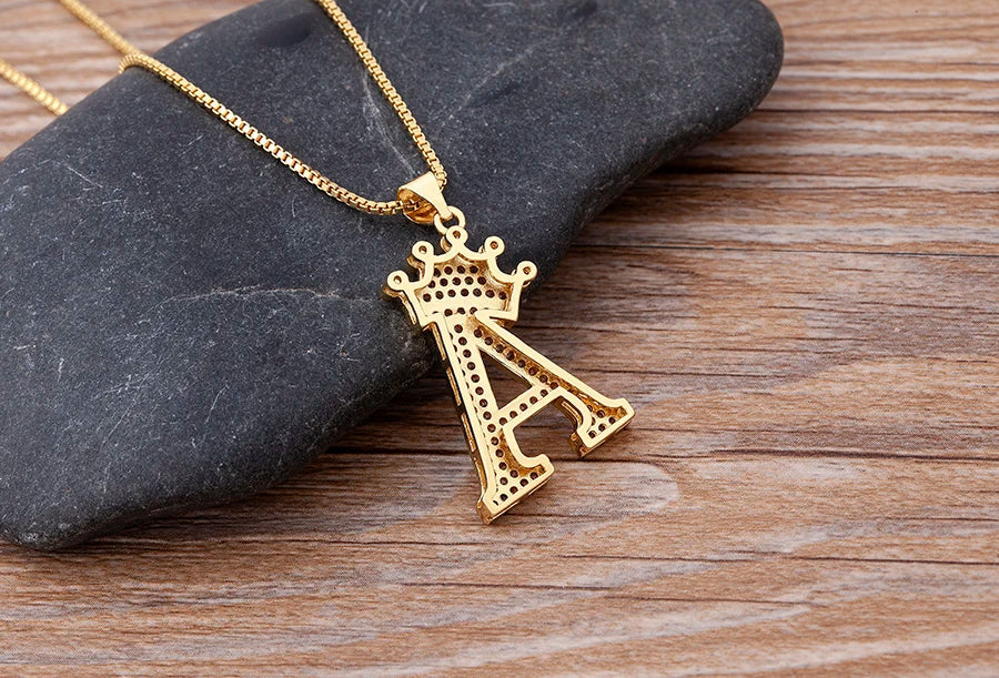 Nidin Luxury A-Z Crown Alphabet Pendant – Copper Zircon Initial Necklace Chain, Hip-Hop Style Jewelry for Men & Women