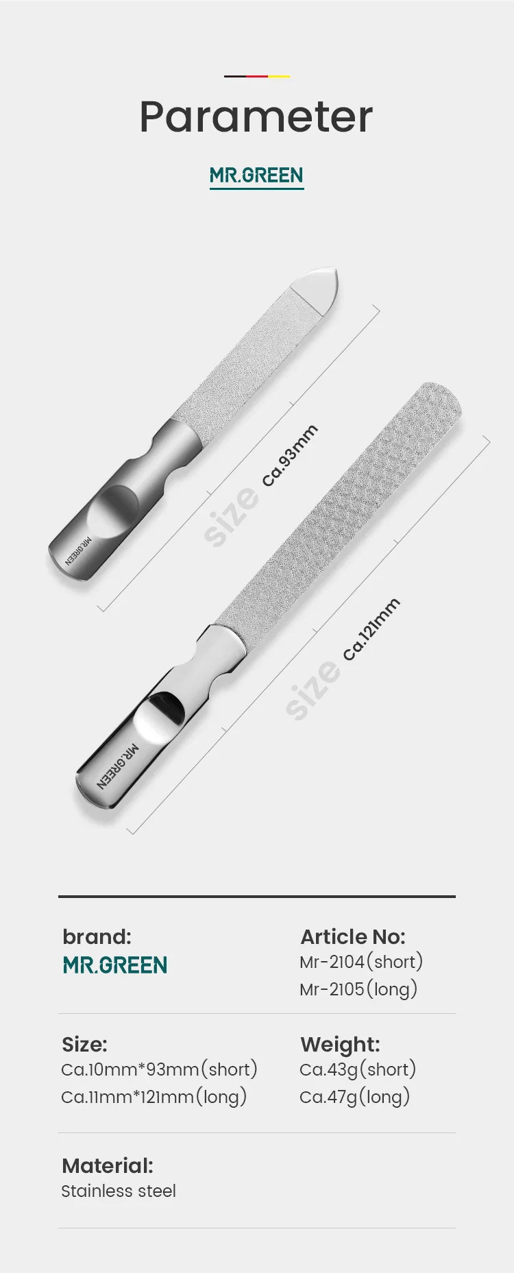 MR.GREEN Double-Sided Nail File — Stainless Steel Manicure & Pedicure Tool for Professional Finger & Toe Care