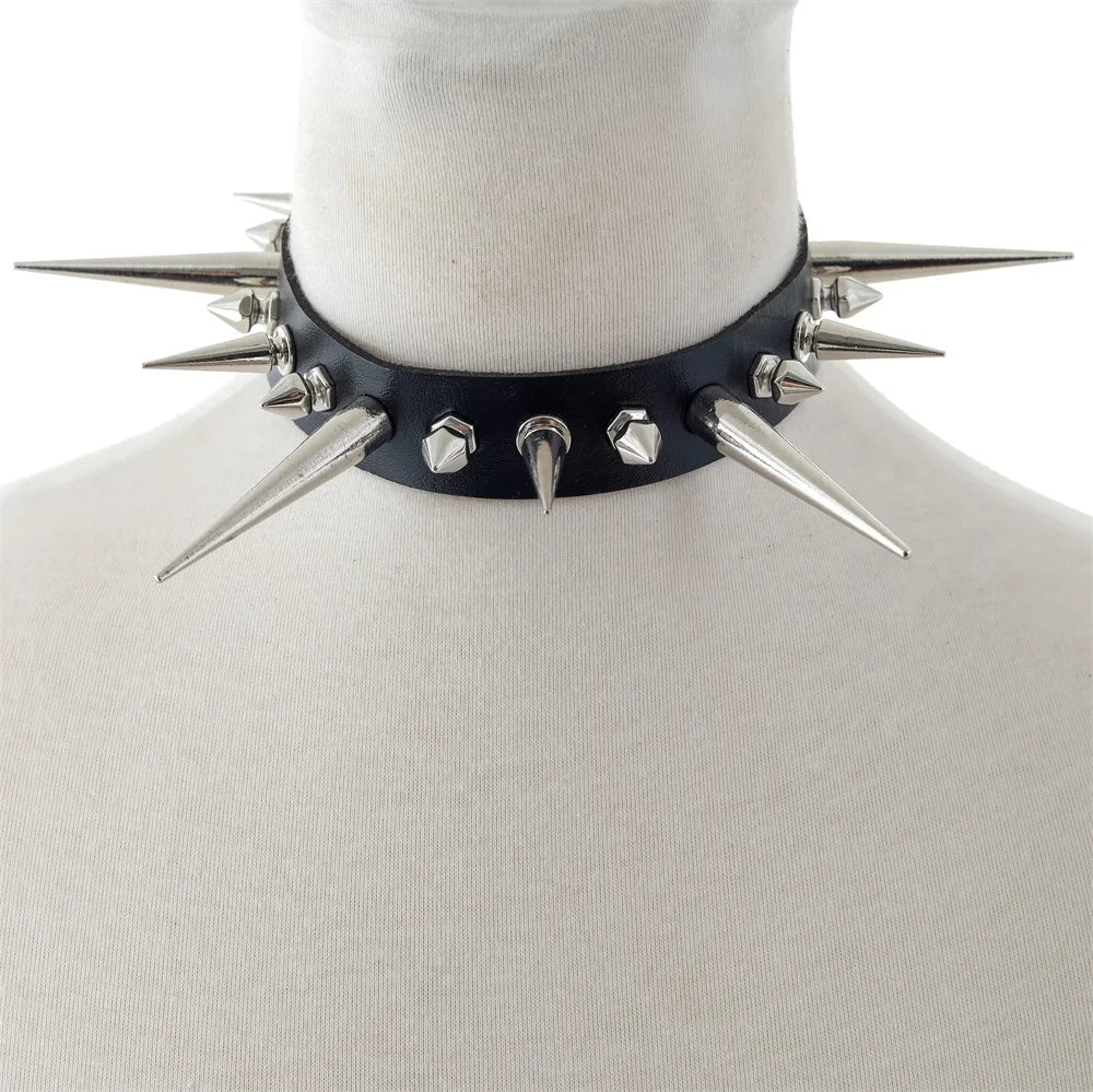 Punk Long Spike Choker – Studded Faux Leather Collar for Men & Women, Goth Rivet Necklace