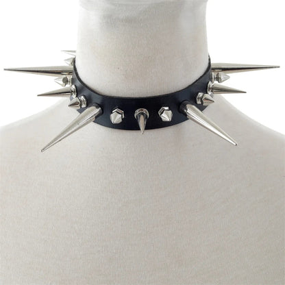 Punk Long Spike Choker – Studded Faux Leather Collar for Men & Women, Goth Rivet Necklace