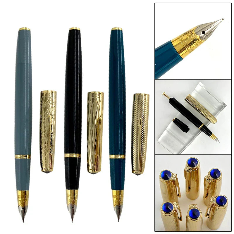 Yong Sheng 601A Wave Fountain Pen – Golden Cap, Fine Nib, Dark Blue Vacumatic, Luxury Gift for Office