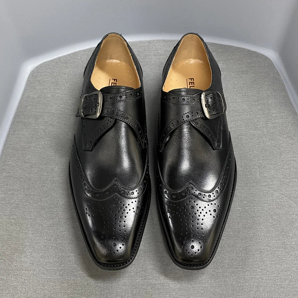 Men’s Luxury Leather Dress Shoes – Italian Wingtip Oxfords & Monk Strap Buckle Brogue for Business, Wedding & Formal Wear