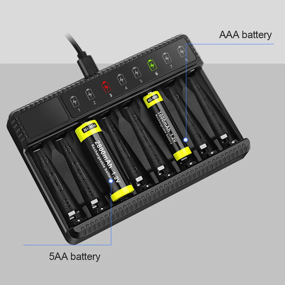 Intelligent LED Smart Battery Charger – 8-Slot NiMH Charger for 1.2V AA/AAA Rechargeable Batteries