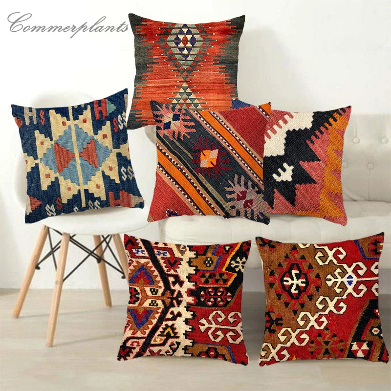 Bohemian Linen Cushion Cover – Multicolor Ethnic Geometric Pattern Decorative Pillow for Living Room Sofa