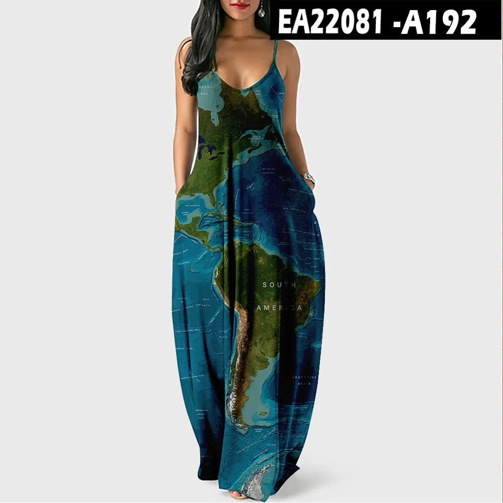 Women’s World Map Beach Dress – Elegant Sexy Long Sundress with Irregular Hem, Sleeveless Spaghetti Straps, Plus Size Summer Dress