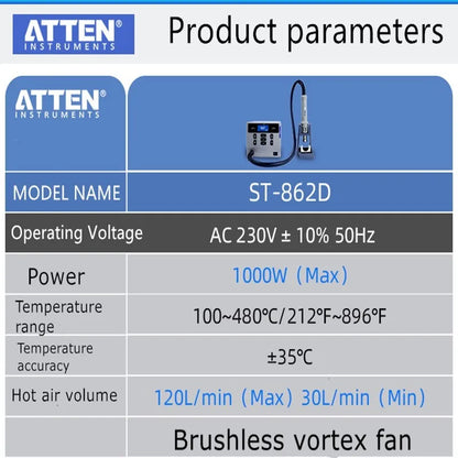 ATTEN ST-862D 1000W Hot Air Gun - Digital Display BGA Rework Station, Automatic Sleep Desoldering Repair Tool (110V/220V)