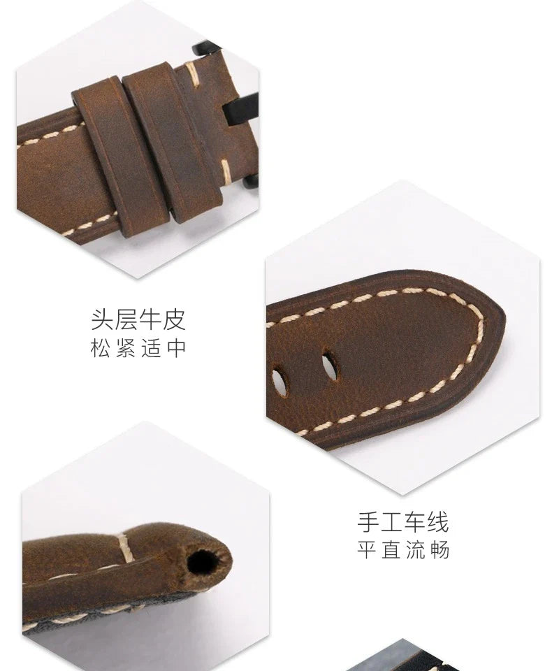 Genuine Leather Watch Band for Panerai Luminor & Radiomir – 18mm-24mm High-Quality Strap with Stainless Steel Buckle