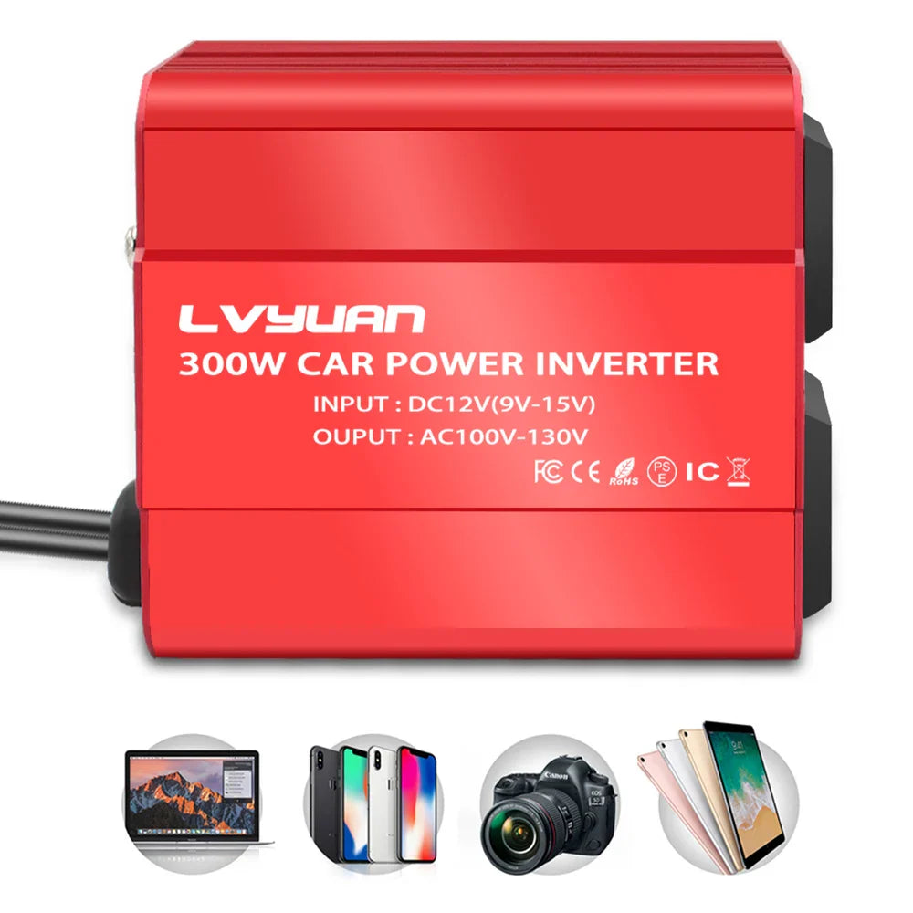 300W Car Power Inverter - DC 12V to AC 110V/220V Dual USB Adapter Converter with Modified Sine Wave, EU & US Sockets