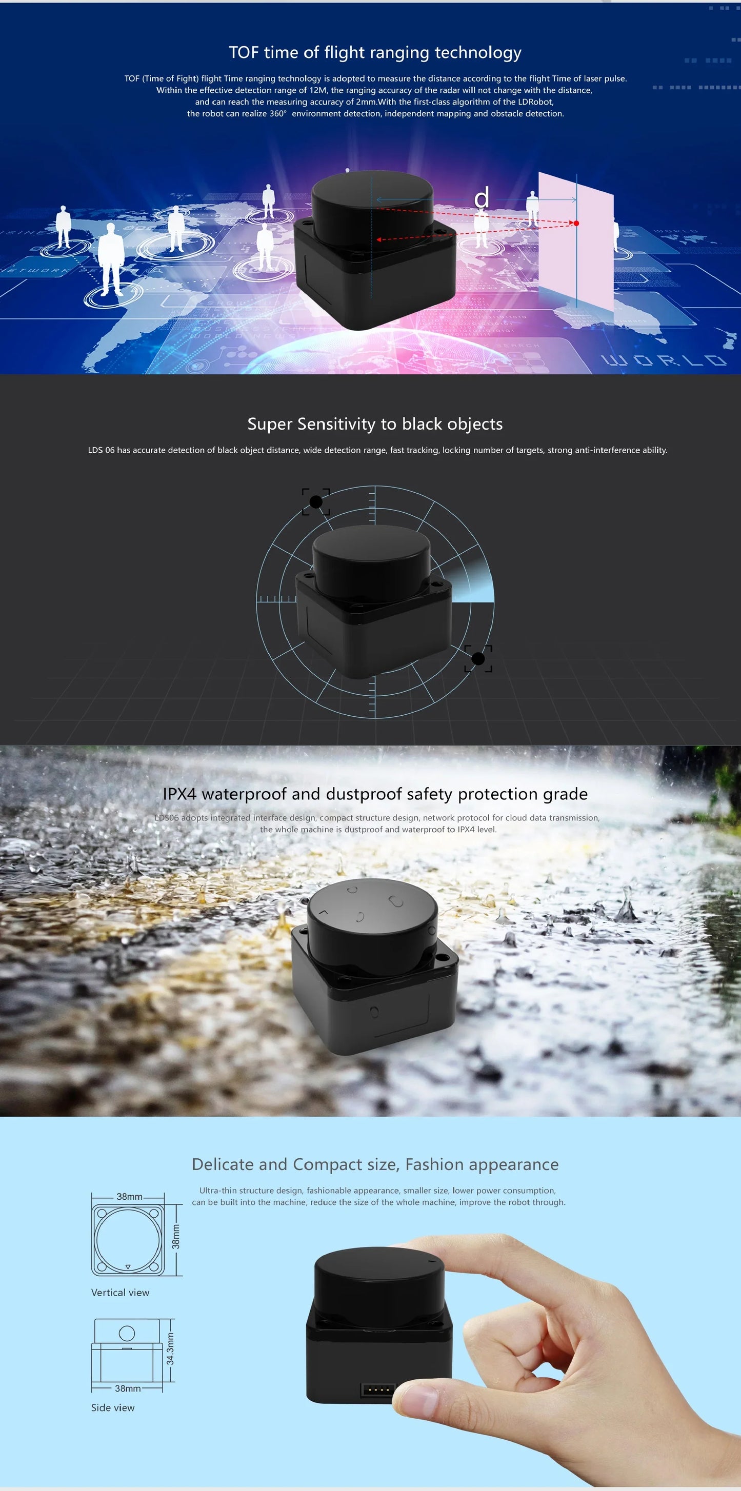 LDROBOT D500 360° Lidar Scanner — TOF Laser Radar 30000Lux, ROS1/ROS2 Compatible, Indoor & Outdoor Replacement for D300 Kit