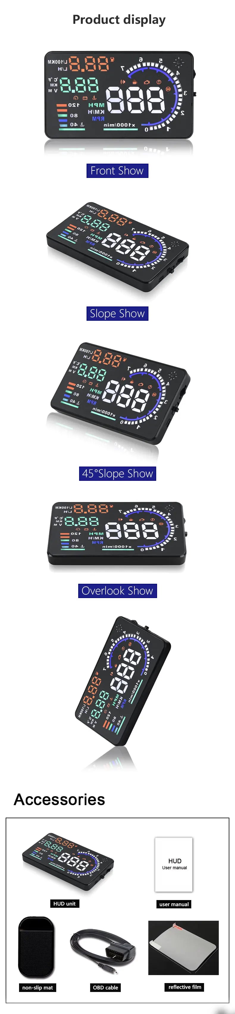 ADQ 5.5" OBD2 HUD Car Head-Up Display – Digital Speedometer, Tachometer, Windshield Projector with Speed, Water Temp & RPM Alarm