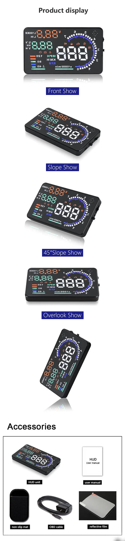 ADQ 5.5" OBD2 HUD Car Head-Up Display – Digital Speedometer, Tachometer, Windshield Projector with Speed, Water Temp & RPM Alarm