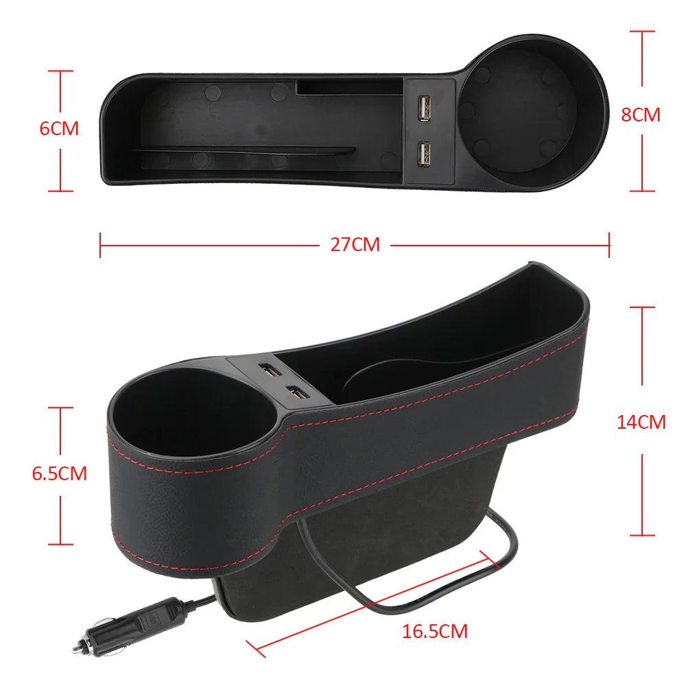 Car Seat Gap Organizer – Leather Auto Crevice Storage Box with Cup & Phone Holder, USB Option