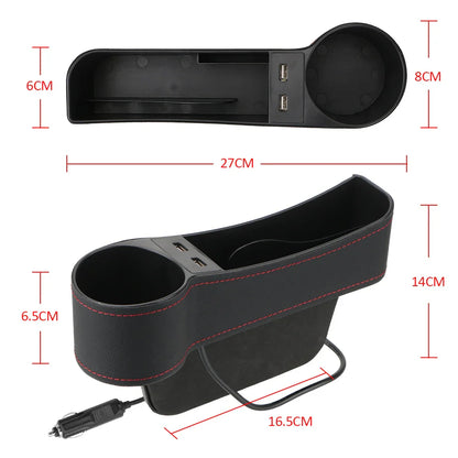 Car Seat Gap Organizer – Leather Auto Crevice Storage Box with Cup & Phone Holder, USB Option