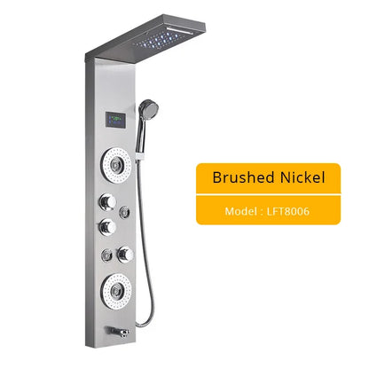 Brushed Nickel Bathroom Shower Column - Wall-Mounted Black LED Shower Panel with Digital Screen, 6 Modes & Rainfall Mixer Tap