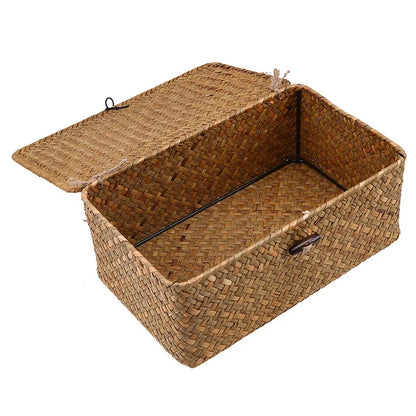 Handmade Seagrass Woven Storage Box with Lid - Seaweed Finishing Basket for Sundries, Bath Cosmetics, and Towels, Model MX01161829