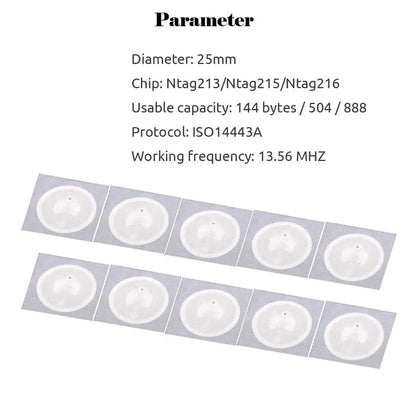 100PCS NFC Label Tag Stickers – 13.56MHz ISO14443A NTAG213 RFID for All NFC-Enabled Phones
