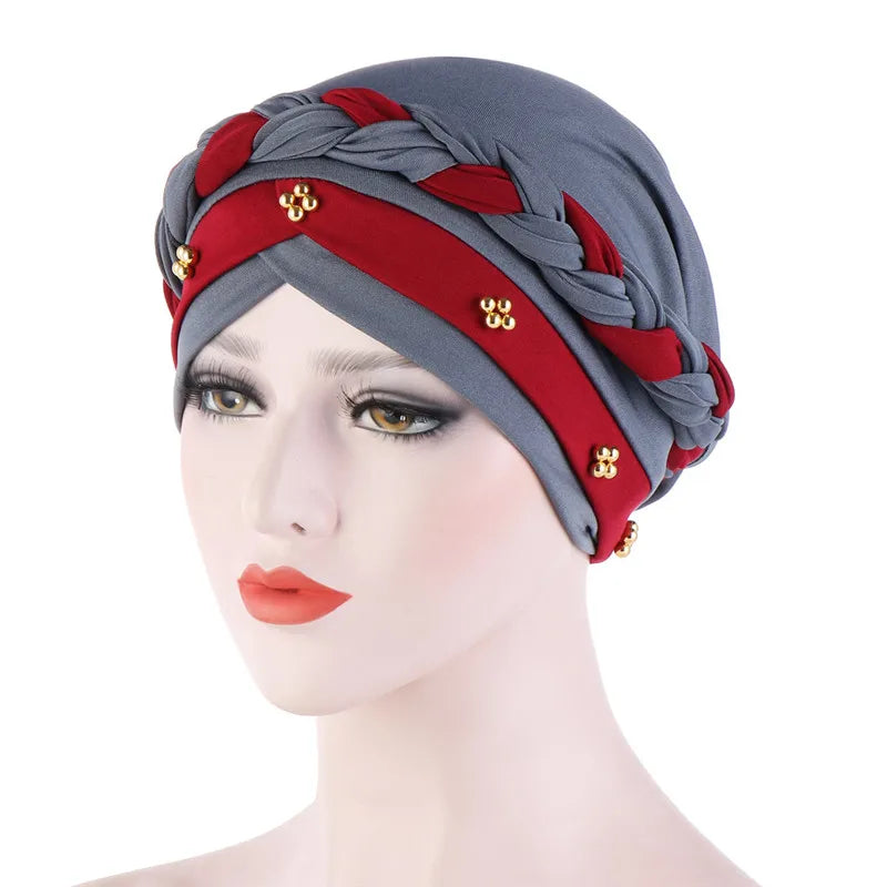 Women’s Cotton Head Scarf – Solid Turban Bonnet Hijab Cap with White Pearl Inner, Muslim Arab Wrap