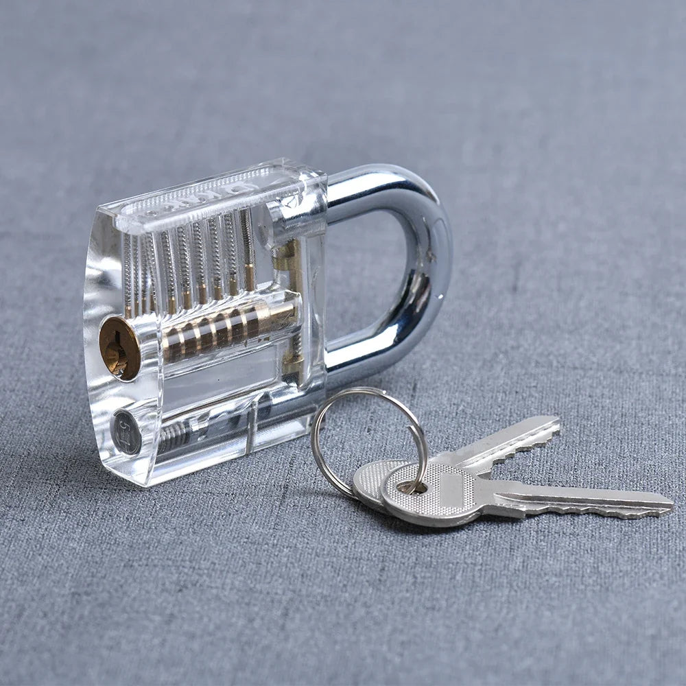 KAK Transparent Practice Padlock Set - Cutaway Training Lock with Broken Key Extractor Hooks and Locksmith Tools