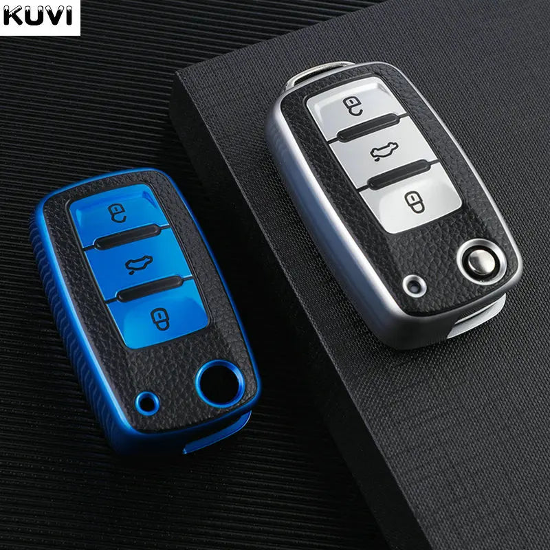 Leather TPU Car Key Case Cover for Volkswagen & Skoda – Fits Polo, Golf, Passat, Tiguan, Beetle, Caddy, T5, Up, Eos, Octavia, Seat Leon, Altea