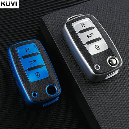 Leather TPU Car Key Case Cover for Volkswagen & Skoda – Fits Polo, Golf, Passat, Tiguan, Beetle, Caddy, T5, Up, Eos, Octavia, Seat Leon, Altea