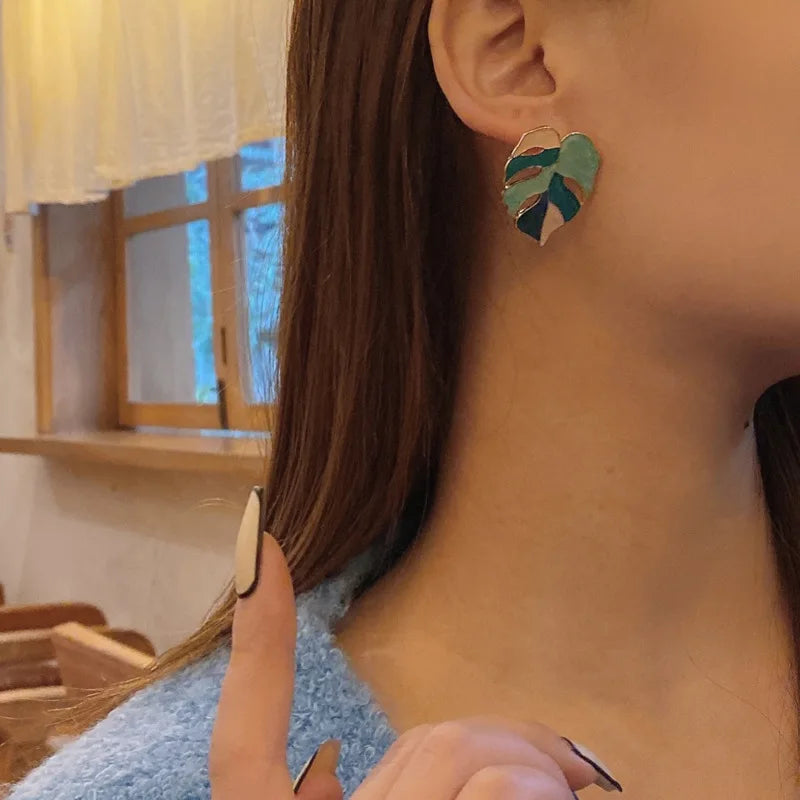 925 Silver Leaf Earrings for Women – Modern Geometric Green & White Trendy Jewelry Gift