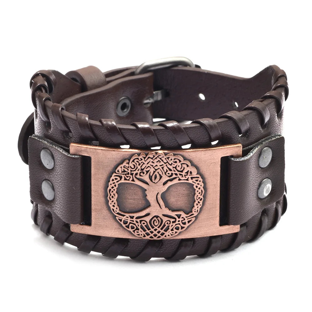 Totem Design Wide Leather Pirate Compass Bracelet - Men's Celtic Viking Jewelry, Party Gift Accessories