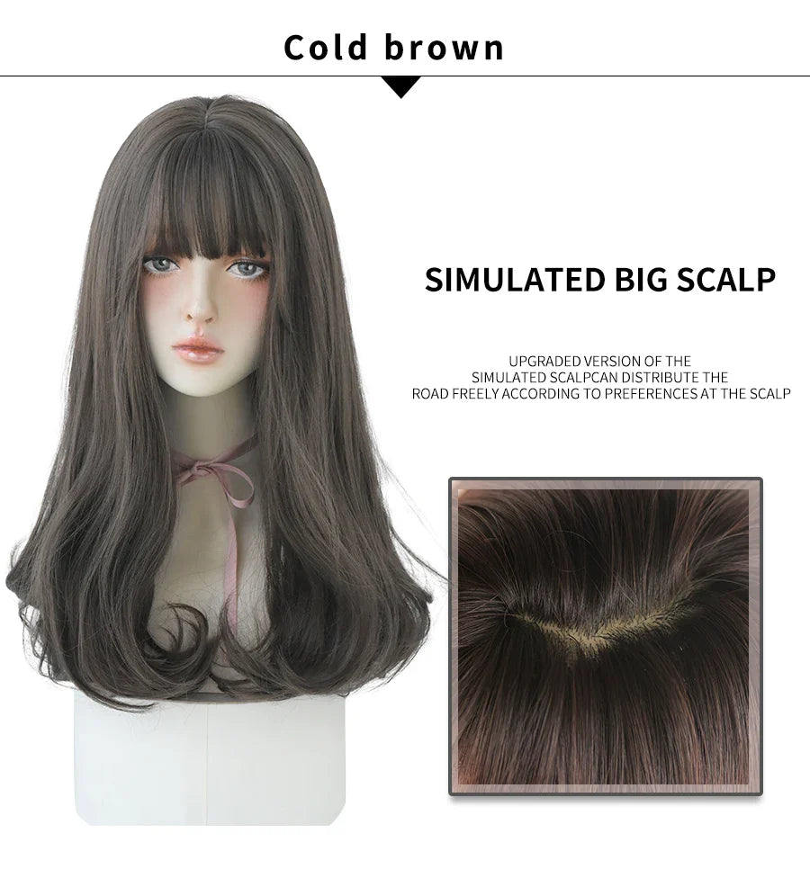 7JHHWIGS Long Straight Light Brown Synthetic Wig with Bangs – Heat-Resistant Daily Wear Wig for Women