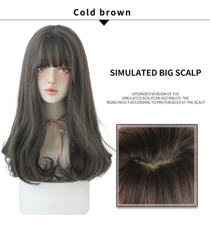 7JHHWIGS Long Straight Light Brown Synthetic Wig with Bangs – Heat-Resistant Daily Wear Wig for Women