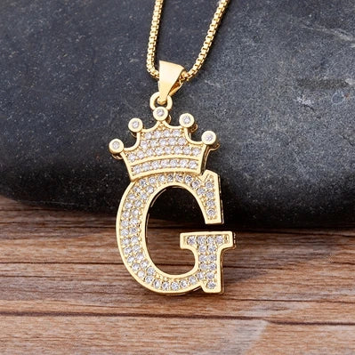 Nidin Luxury A-Z Crown Alphabet Pendant – Copper Zircon Initial Necklace Chain, Hip-Hop Style Jewelry for Men & Women