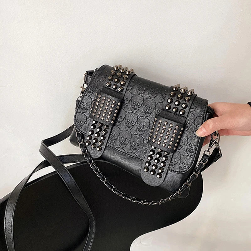 Vintage Skull Rivet PU Leather Shoulder Bag — Women’s Black Crossbody Flap Messenger Handbag