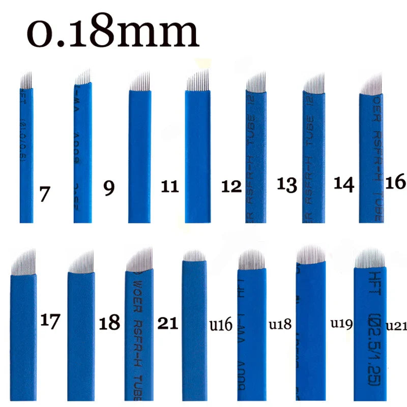 50pcs Microblading Tebori Blades 0.18mm — Manual Tattoo Needles for Permanent Makeup Eyebrows (7/9/12/14/17/21)