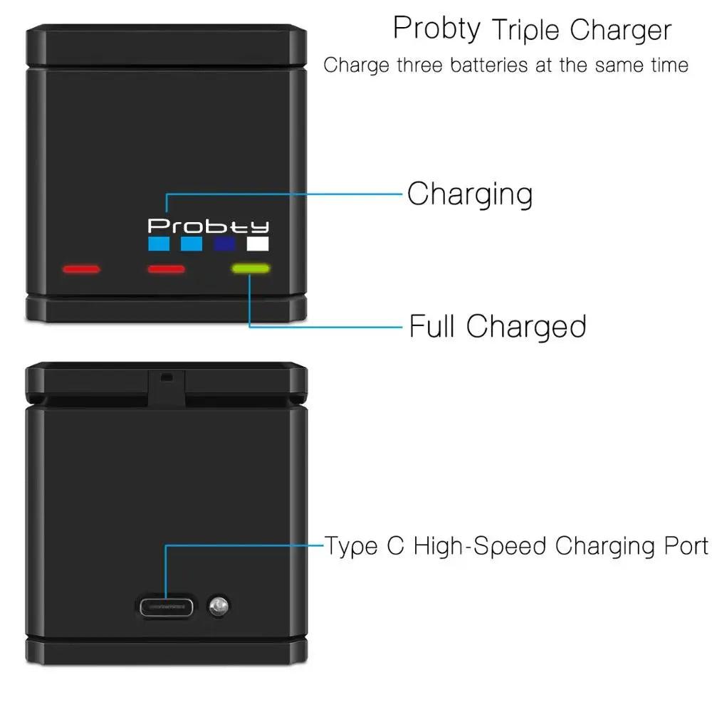 Original Probty Battery & Triple Charger for GoPro Hero 7/6/5 Black – Camera Power Accessory