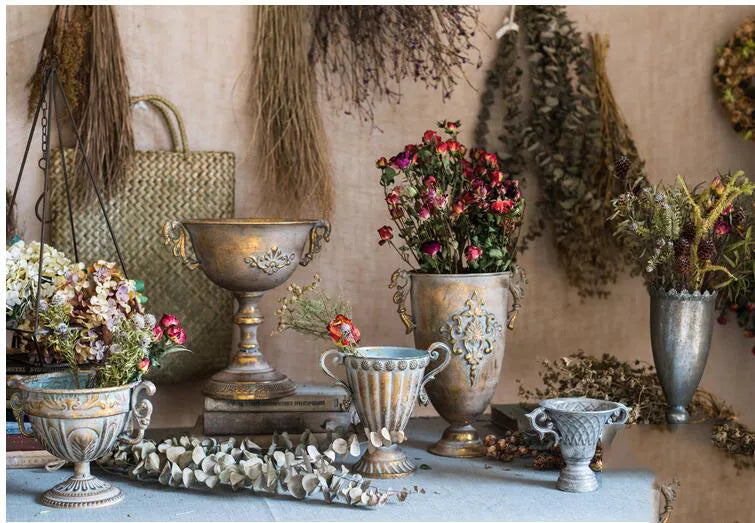 European Retro Iron Goblet Vase — Metal Flowerpot for Home, Living Room, Hotel & Flower Arrangement Decor