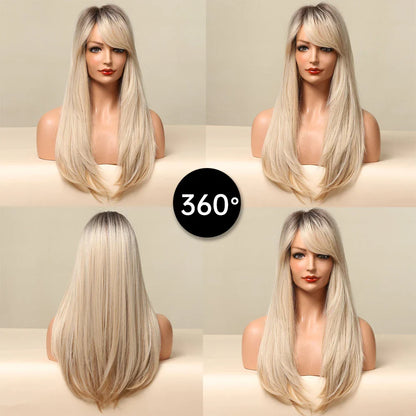 GEMMA Ombre Brown Blonde Synthetic Wig with Bangs – Long Straight Cosplay Wig for Women, High-Temperature Fiber