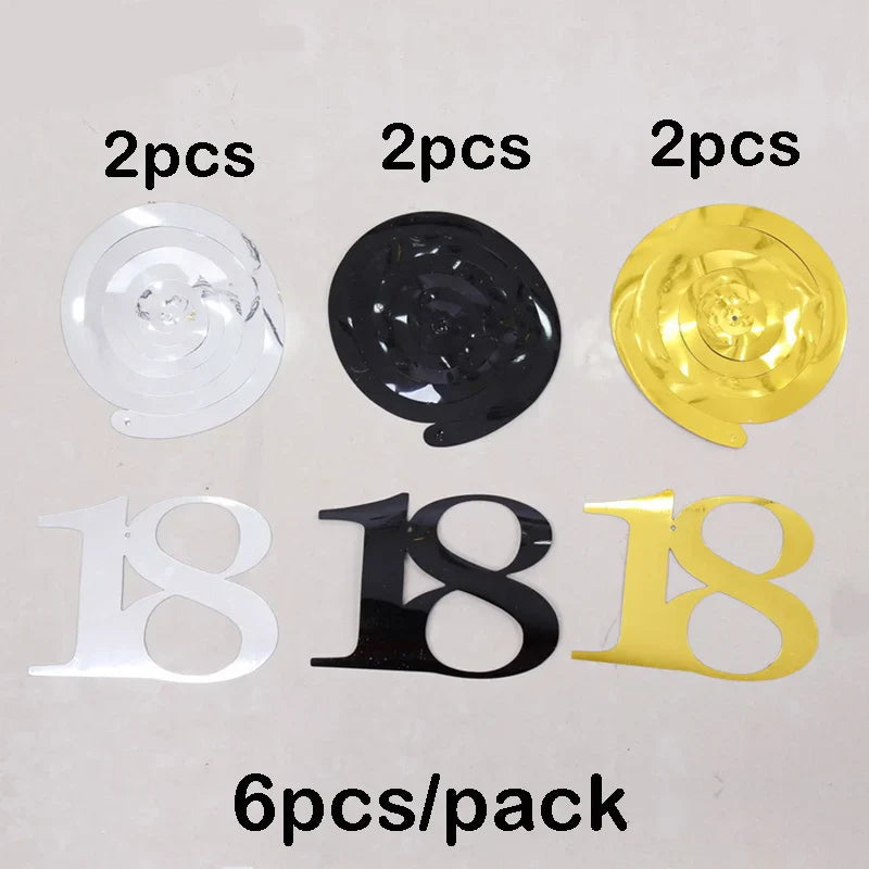 6pcs Spiral Birthday Swirls Hanging Ornaments - Black, Gold, Silver for 18, 21, 25, 30, 40, 50, 60, 70, 80, 90 Years Old, Birthday Decor