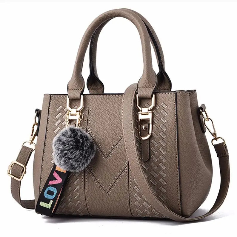 Women’s Embroidered Leather Messenger Bag - Stylish Handbag with Hair Ball Detail